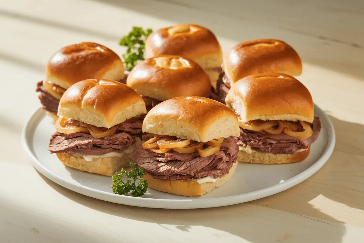 Delicious Roast Beef Sliders Recipe featuring tender roast beef, melted cheese, and caramelized onions on soft brioche buns, served on a white plate.