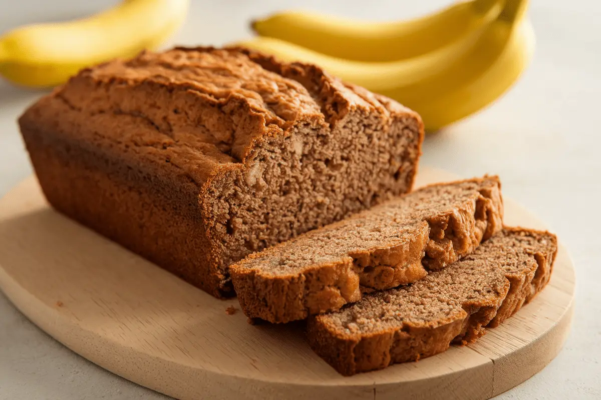 An appetizing loaf of Simply Recipes Banana Bread, sliced to reveal its moist texture, placed on a wooden serving board with bananas in the background.