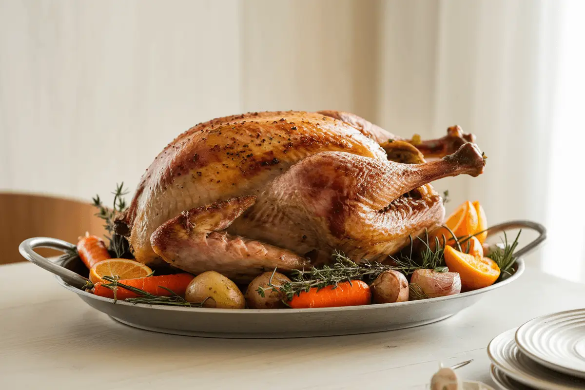 Golden-brown roasted turkey served with carrots, potatoes, and fresh herbs—a delicious wild turkey recipe perfect for holiday gatherings.