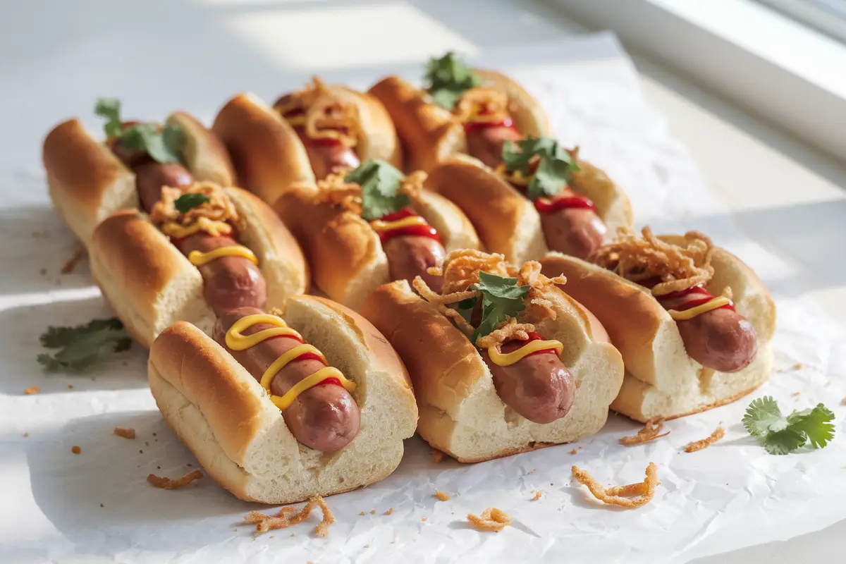 Delicious mini hot dog recipes for parties. Classic pigs in a blanket recipe. Creative ideas for mini hot dogs.