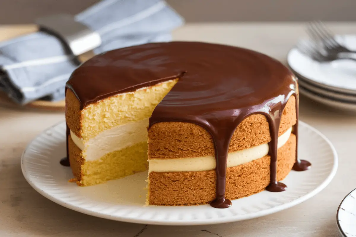 Classic Boston Cream Pie Cake Mix Recipe, with soft cake layers, velvety custard filling, and a smooth chocolate glaze, served on a white plate.