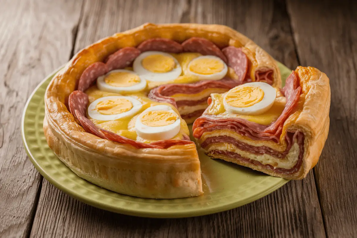 A beautifully baked Pizza Rustica Recipe, featuring a golden, flaky crust filled with layers of salami, cheese, and hard-boiled eggs, served on a green plate.