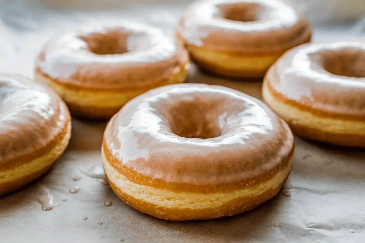 Golden brown donuts created using a sourdough donut recipe cooling on parchment paper.