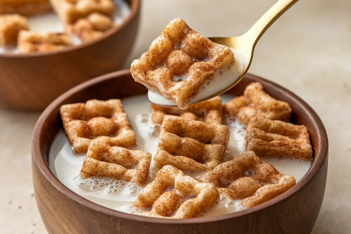 Crunchy cinnamon toast cereal served with milk in a wooden bowl, ideal for creating Cinnamon Toast Cereal Recipes.