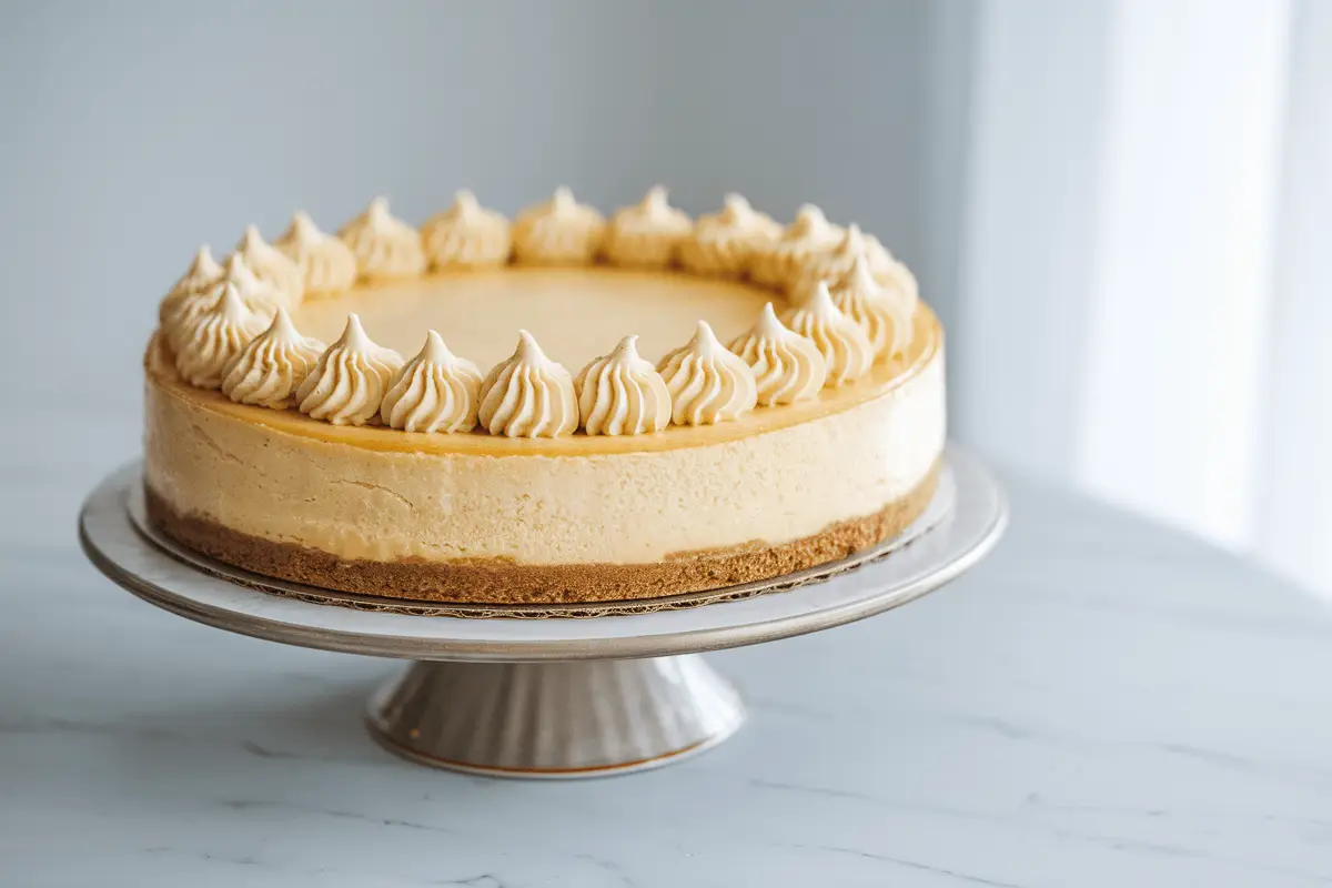 A delicious healthy cheesecake recipe with a creamy top and a golden cookie crust.