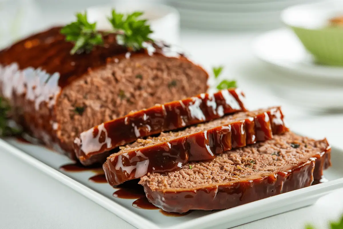 Sliced barbecue meatloaf on a white plate with glossy barbecue sauce glaze, garnished with fresh parsley – perfect for any Barbecue Meatloaf Recipe.