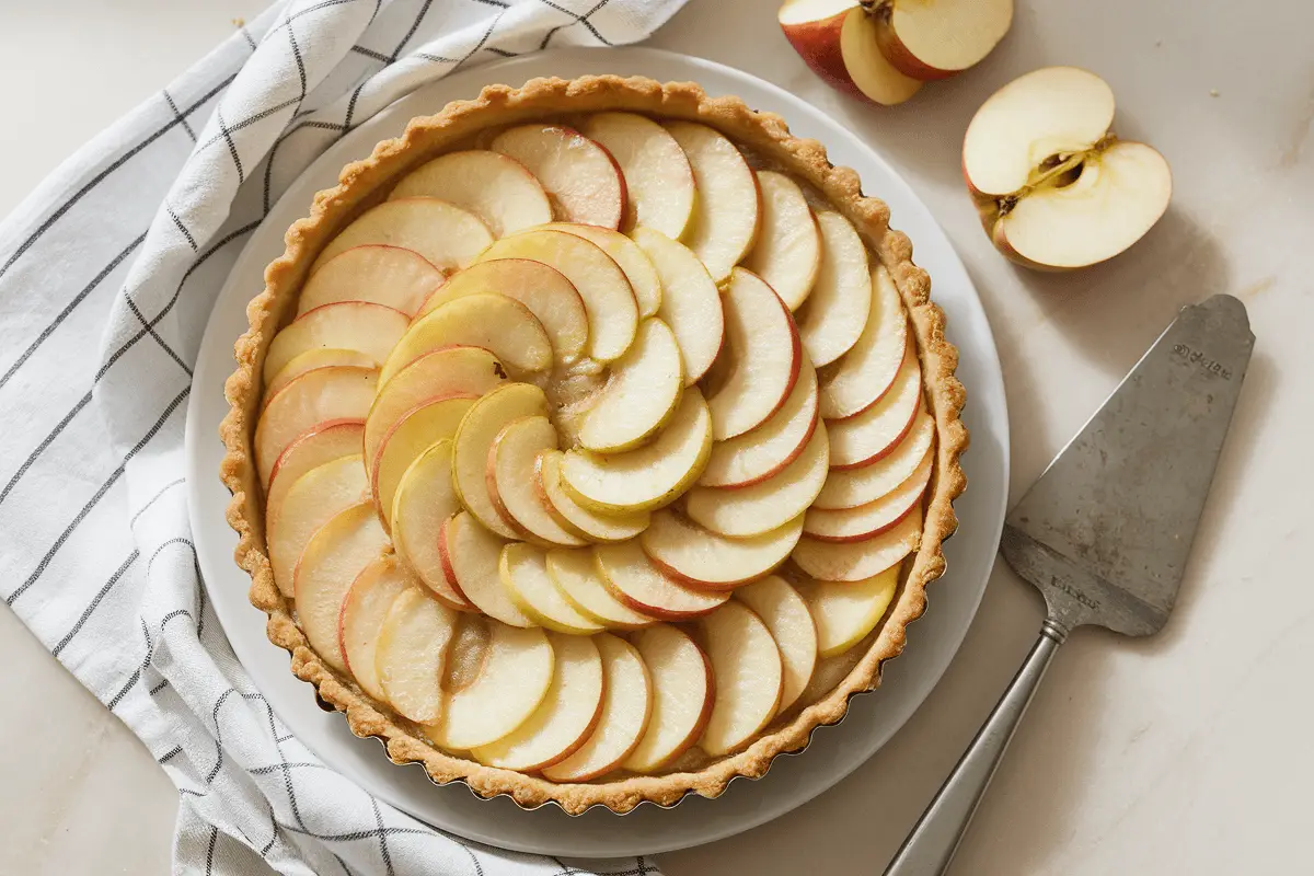 French apple pie recipe featuring a beautifully arranged spiral of thinly sliced apples over a golden, flaky crust. A classic homemade dessert perfect for any occasion.