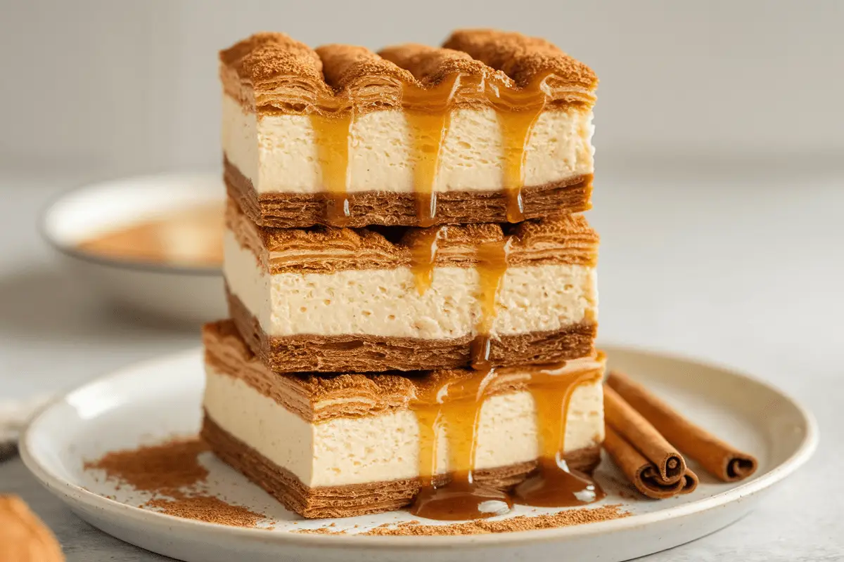 Perfectly Stacked Churro Cheesecake Slices with Caramel Drizzle