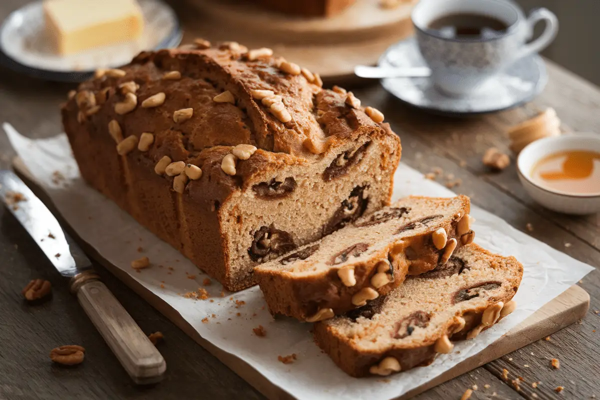 Freshly baked loaf of date nut bread from a classic date nut bread recipe.