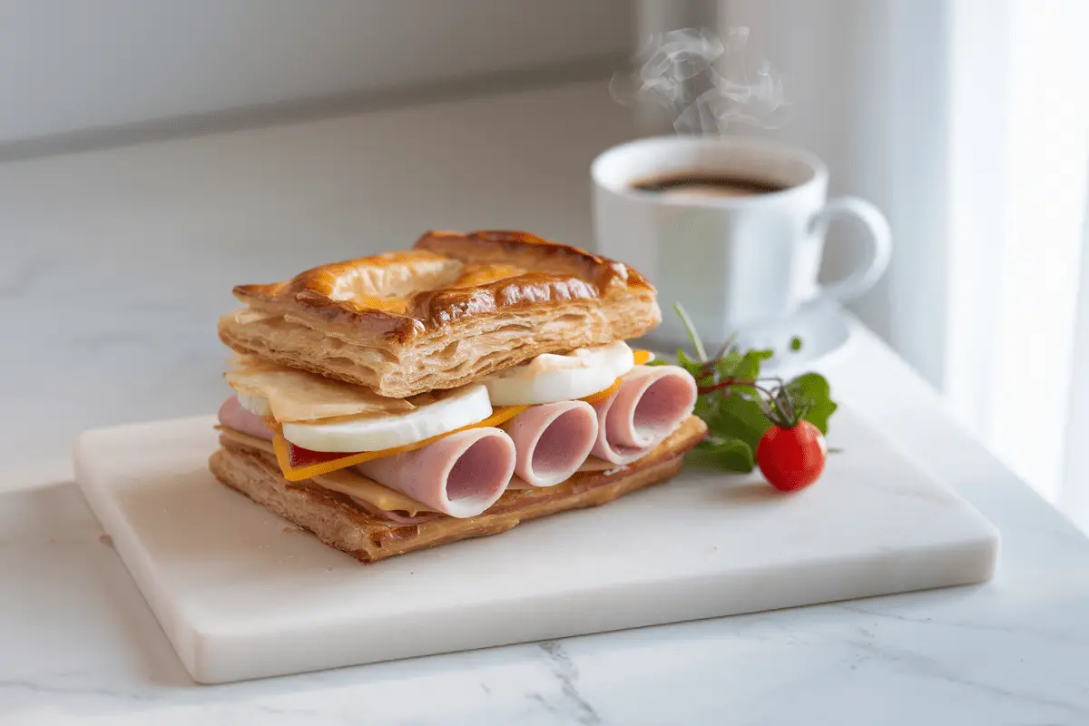 Breakfast puff pastry sandwich with ham, cheese, and boiled egg – Puff Pastry Breakfast Recipes