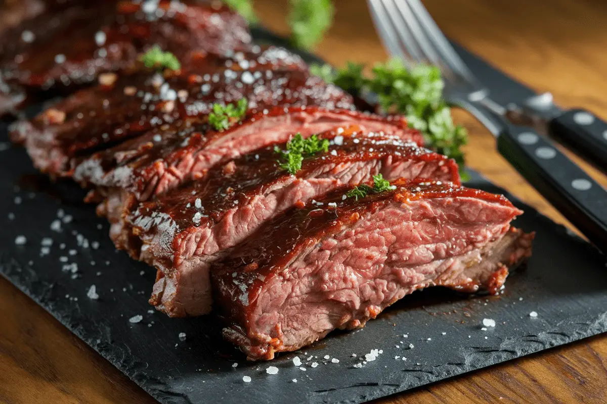 BBQ Beef Ribs Recipe: Juicy, tender boneless ribs with smoky BBQ glaze, served on a black slate plate with a sprinkle of sea salt and fresh herbs.