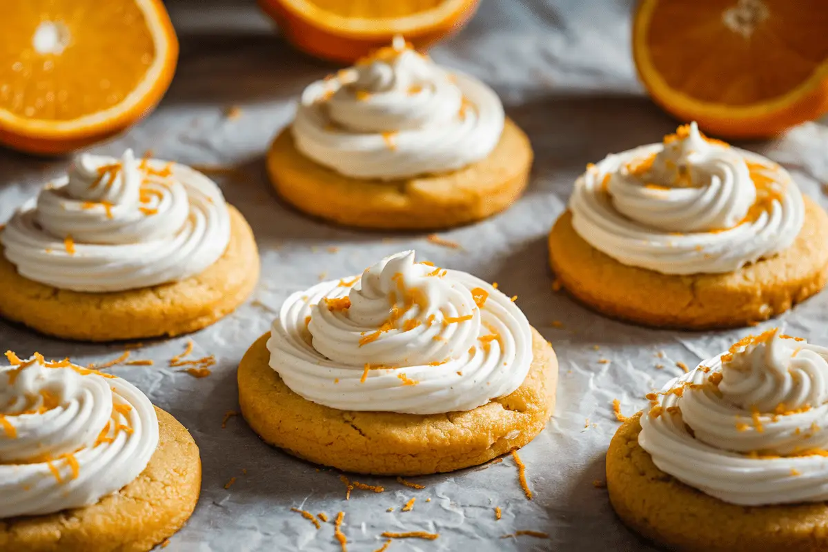 Orange frosted cookies with creamy orange frosting and fresh orange zest on top.