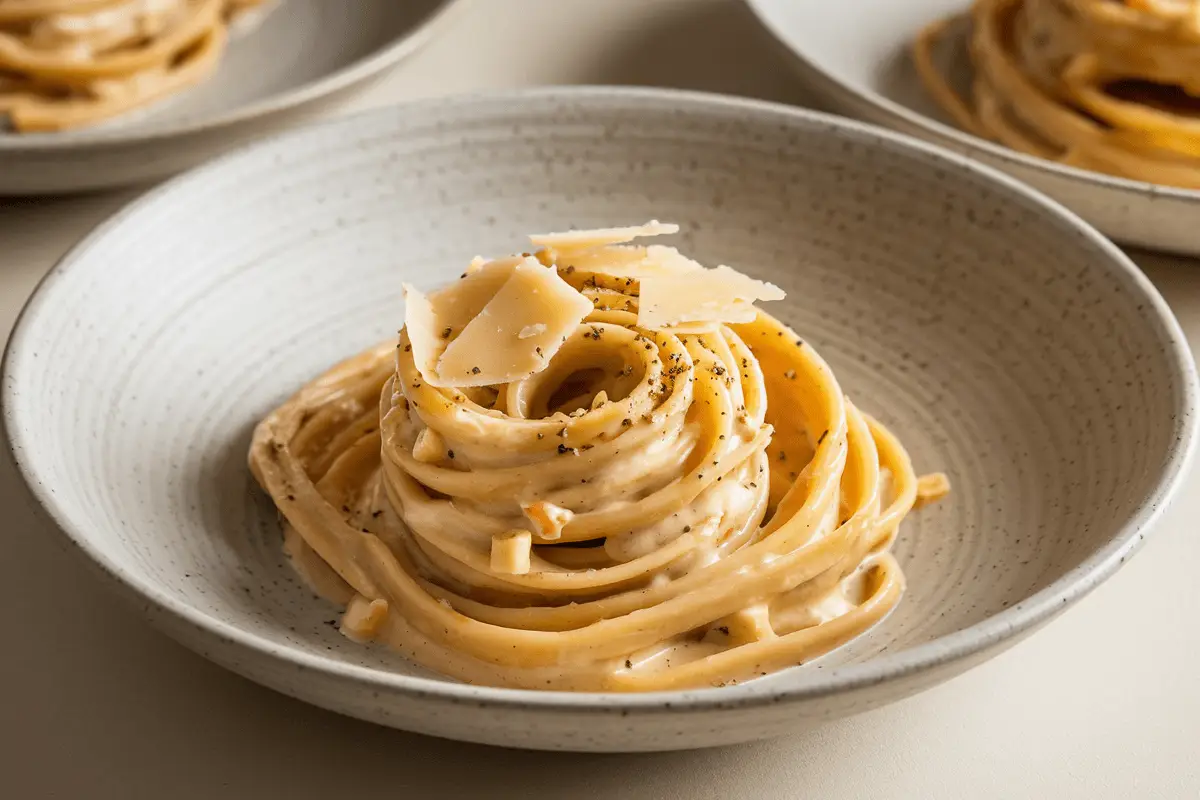 A beautifully plated serving of Cacio e Pepe pasta, showcasing creamy noodles topped with cheese and black pepper.