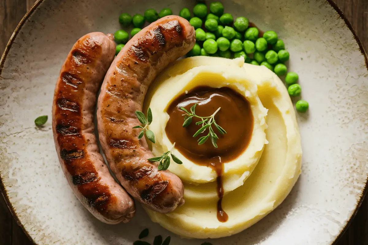 Banger sausage recipe: grilled sausages served with mashed potatoes, peas, and gravy
