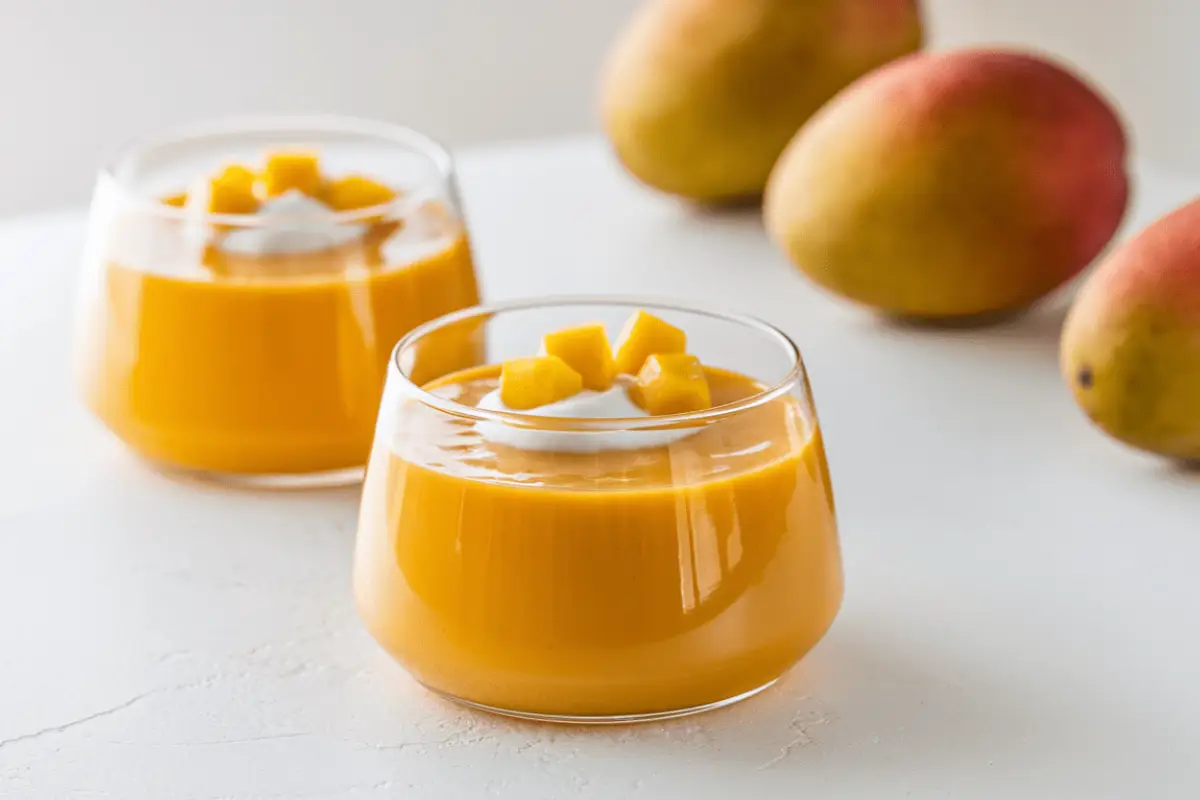 Creamy mango pudding garnished with fresh mango chunks and served in elegant glass bowls, perfect for a tropical dessert.