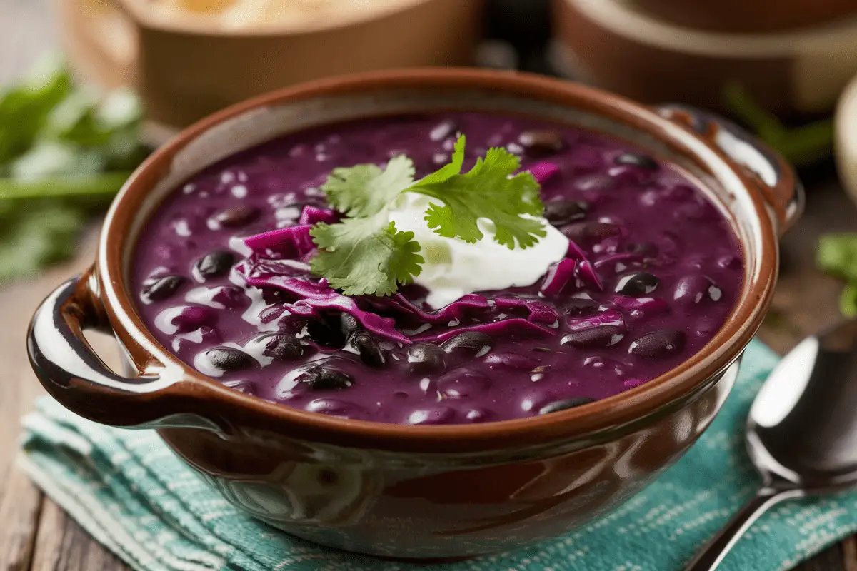 Bowl of Purple Black Bean Soup Recipe garnished with cilantro and sour cream.