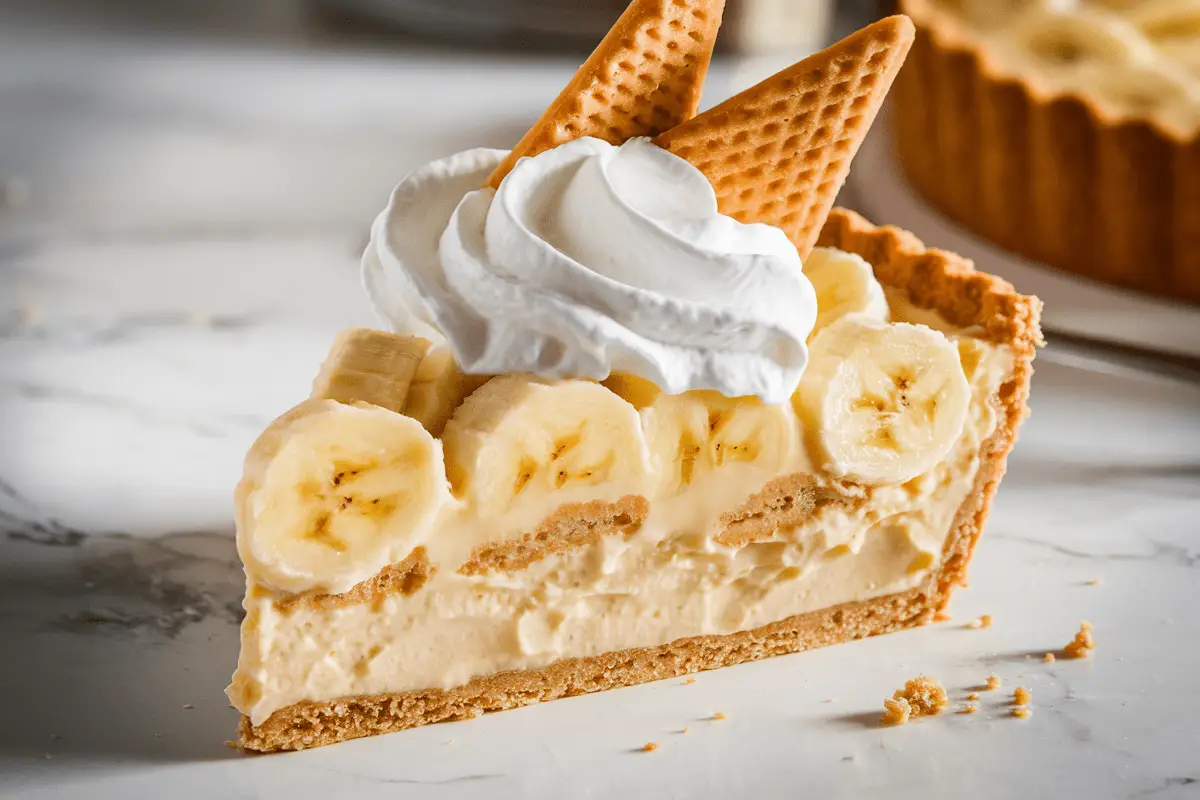 A delicious slice of Banana Pudding Pie Recipe with layers of creamy pudding, bananas, and a crisp crust, topped with whipped cream and wafers.