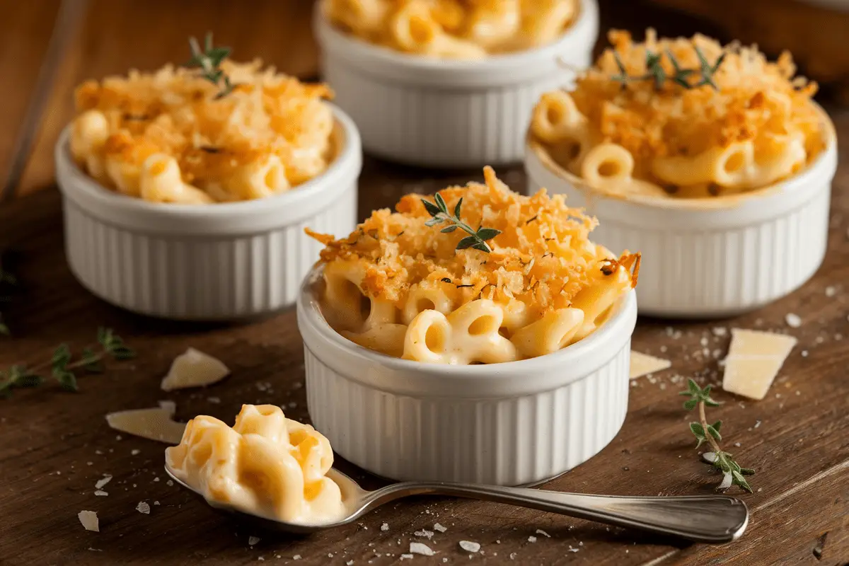 Mini ramekins filled with rich, cheesy truffle mac and cheese, baked to perfection with a crispy topping and garnished with fresh thyme.