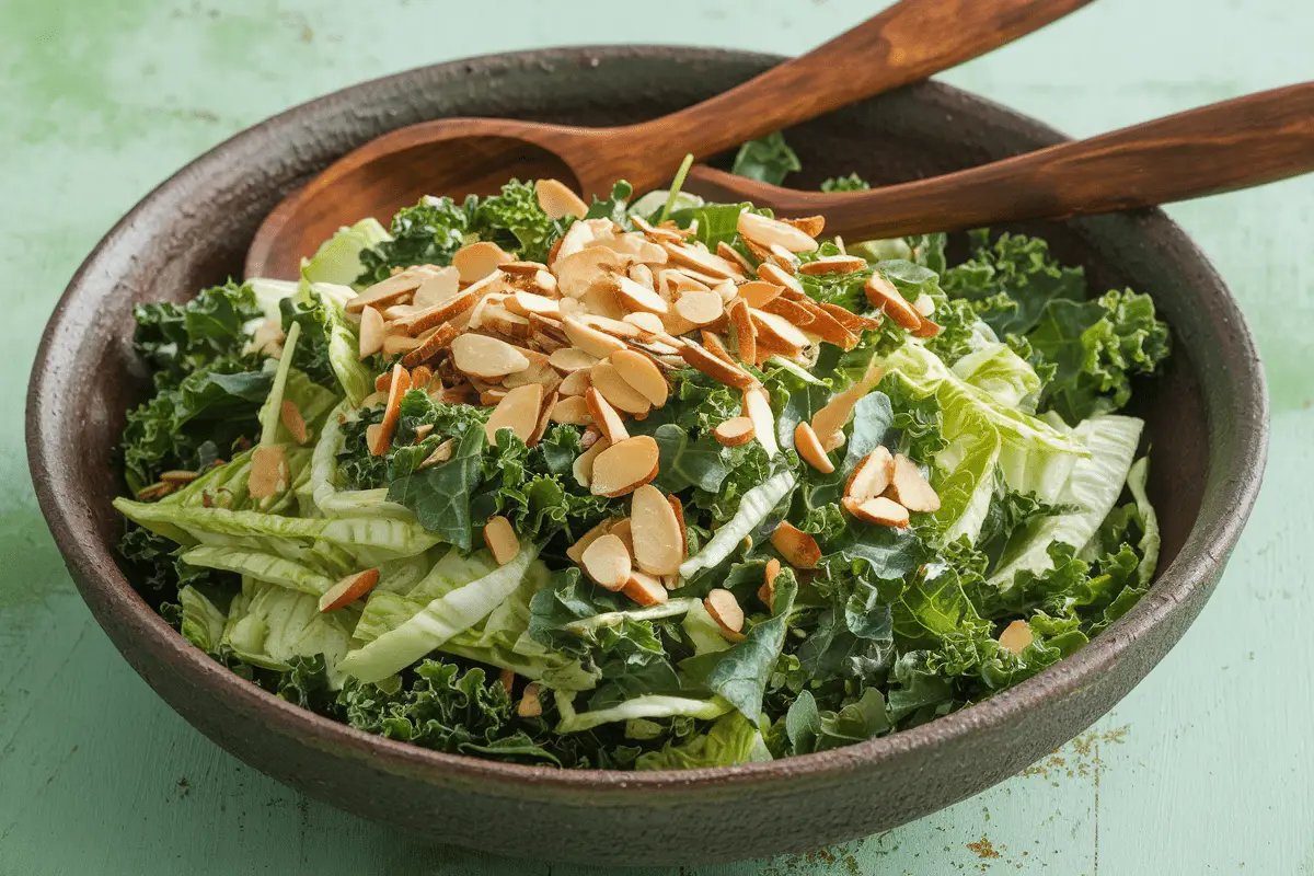 A beautifully plated Chick-fil-A Kale Salad in a rustic bowl, topped with crunchy almonds and fresh greens, perfect for a light and healthy meal.