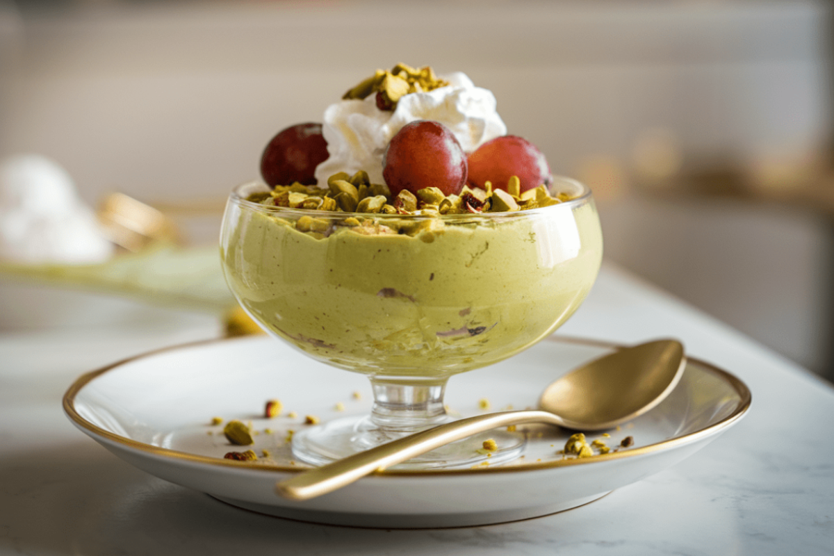 A serving of pistachio pudding with grapes and whipped cream in a bowl