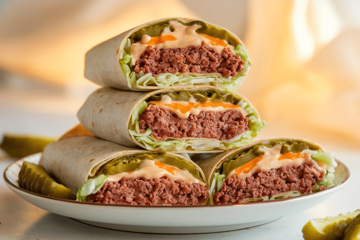 Freshly made Big Mac Wraps sliced in half, revealing layers of beef, cheese, lettuce, pickles, and creamy sauce in a tortilla.
